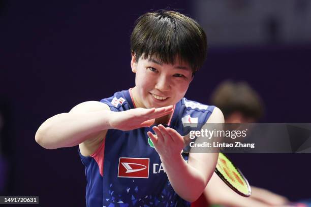 Akane Yamaguchi of Japan celebrate the victory after compete in the Women's Singles match against Chen Yufei of China during day seven of the...