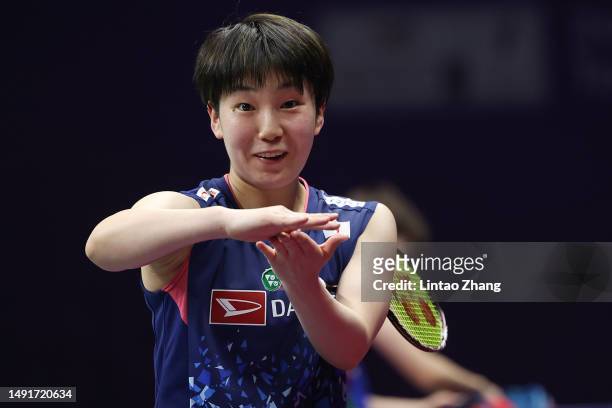 Akane Yamaguchi of Japan celebrate the victory after compete in the Women's Singles match against Chen Yufei of China during day seven of the...