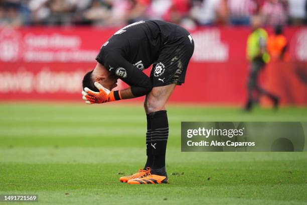 Paulo Gazzaniga of Girona FC reacts after the final whistle of the LaLiga Santander match between Girona FC and Villarreal CF at Montilivi Stadium on...