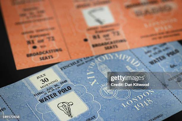 Tickets from the 1948 London Olympic Games are displayed at an exhibition of memorabilia celebrating the Olympic Games since 1908 at the British...