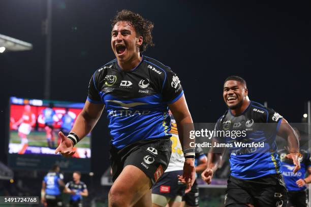 Marley Pearce of the Force celebrates his try during the round 13 Super Rugby Pacific match between Western Force and ACT Brumbies at HBF Park, on...