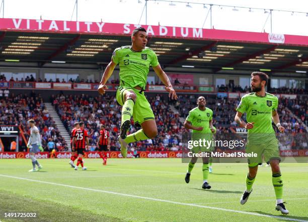 Casemiro of Manchester United celebrates after scoring the team's first goal during the Premier League match between AFC Bournemouth and Manchester...