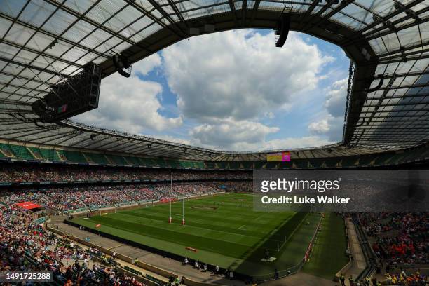 General view of Twickenham Stadium during Day One of The HSBC London Sevens at Twickenham Stadium on May 20, 2023 in London, England.