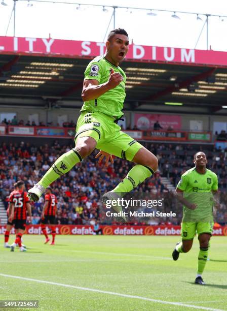 Casemiro of Manchester United celebrates after scoring the team's first goal during the Premier League match between AFC Bournemouth and Manchester...