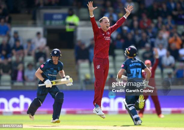 Tom Hartley of Lancashire successfully appeals for the wicket of Luis Reece of Derbyshire during the Vitality Blast T20 match between Derbyshire...