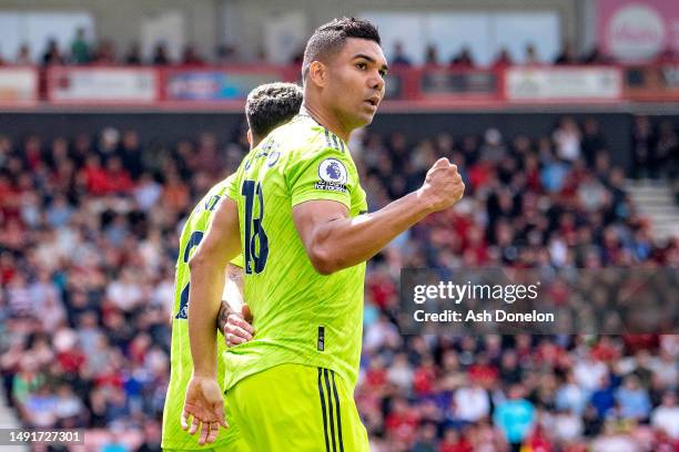 Casemiro of Manchester United celebrates after scoring their sides first goal during the Premier League match between AFC Bournemouth and Manchester...