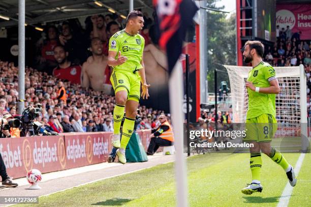 Casemiro of Manchester United celebrates after scoring their sides first goal during the Premier League match between AFC Bournemouth and Manchester...