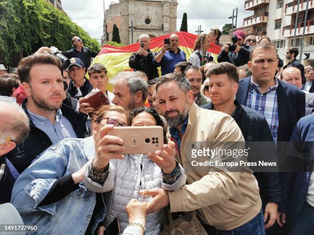 Vox leader Santiago Abascal is photographed with attendees at a Vox campaign rally in the Plaza de Santo Domingo, on 20 May, 2023 in Guadalajara,...