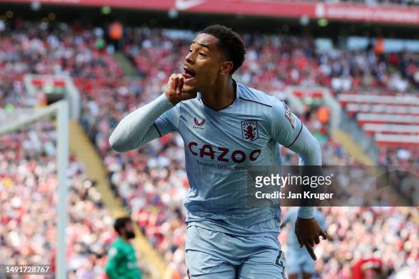 Jacob Ramsey of Aston Villa celebrates after scoring the team's first goal during the Premier League match between Liverpool FC and Aston Villa at...