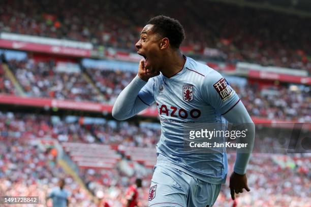 Jacob Ramsey of Aston Villa celebrates after scoring the team's first goal during the Premier League match between Liverpool FC and Aston Villa at...