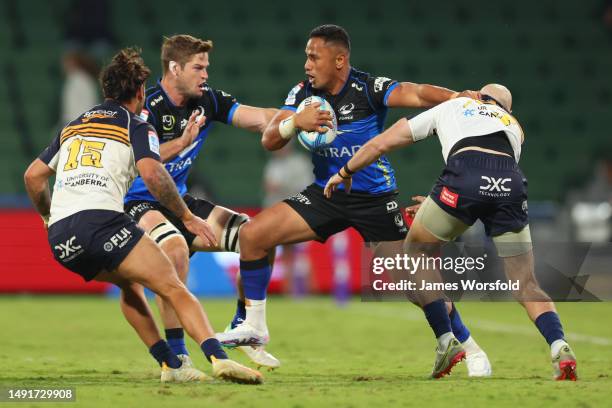 Toni Pulu of the Force gets tackled during the round 13 Super Rugby Pacific match between Western Force and ACT Brumbies at HBF Park, on May 20 in...