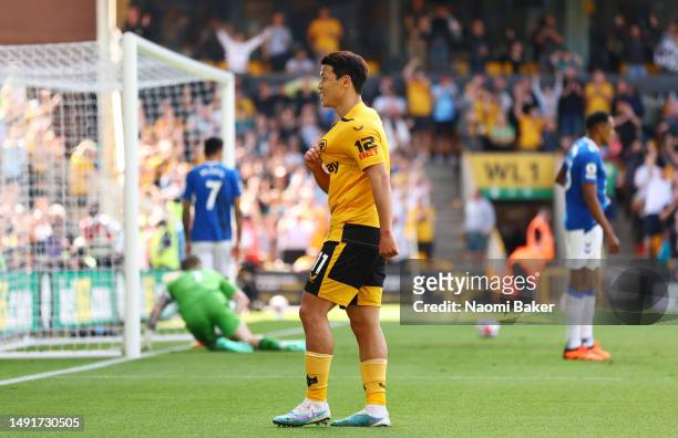 Hwang Hee-Chan of Wolverhampton Wanderers celebrates after scoring the team's first goal during the Premier League match between Wolverhampton...