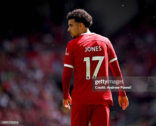 Curtis Jones of Liverpool during the Premier League match between Liverpool FC and Aston Villa at Anfield on May 20, 2023 in Liverpool, England.