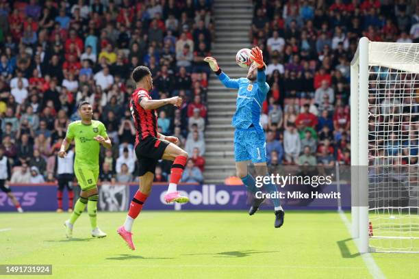 David De Gea of Manchester United makes a save from Dominic Solanke of AFC Bournemouth during the Premier League match between AFC Bournemouth and...