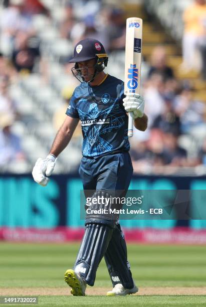 Wayne Madsen of Derbyshire celebrates his half century during the Vitality Blast T20 match between Derbyshire Falcons and Lancashire Lightning at...