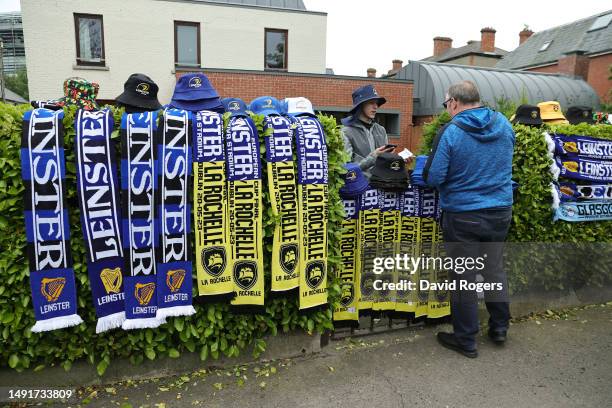 Merchandise is seen for sale outside the stadium prior to the Heineken Champions Cup Final match between Leinster Rugby and Stade Rochelais at Aviva...