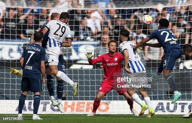 Lucas Tousart of Hertha Berlin scores the team's first goal during the Bundesliga match between Hertha BSC and VfL Bochum 1848 at Olympiastadion on...
