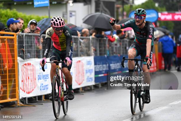 The third classified Alberto Bettiol of Italy and Team EF Education-EasyPost and the stage winner Nico Denz of Germany and Team BORA - hansgrohe...