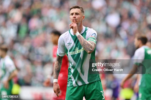 Marco Friedl of SV Werder Bremen gestures during the Bundesliga match between SV Werder Bremen and 1. FC Köln at Wohninvest Weserstadion on May 20,...