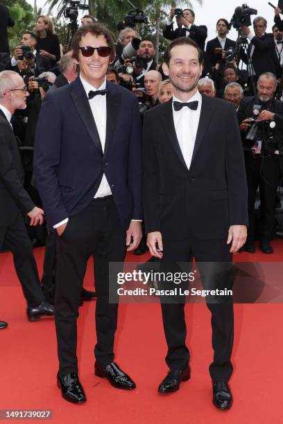 Lukas Haas and Tobey Maguire attend the "Killers Of The Flower Moon" red carpet during the 76th annual Cannes film festival at Palais des Festivals...