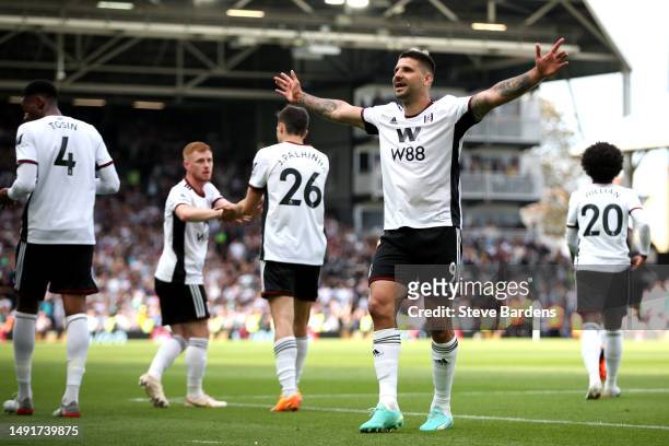 Aleksandar Mitrovic of Fulham celebrates after scoring the team's second goal during the Premier League match between Fulham FC and Crystal Palace at...