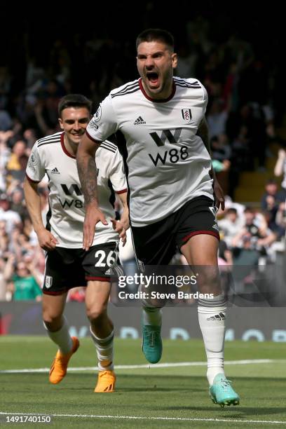 Aleksandar Mitrovic of Fulham celebrates after scoring the team's second goal during the Premier League match between Fulham FC and Crystal Palace at...