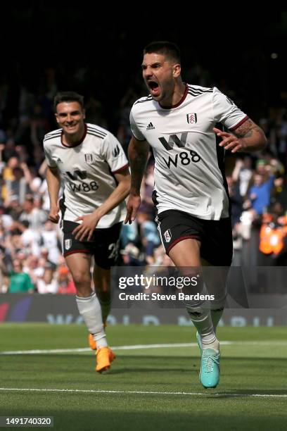 Aleksandar Mitrovic of Fulham celebrates after scoring the team's second goal during the Premier League match between Fulham FC and Crystal Palace at...