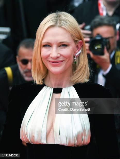 Cate Blanchett attends the "Killers Of The Flower Moon" red carpet during the 76th annual Cannes film festival at Palais des Festivals on May 20,...