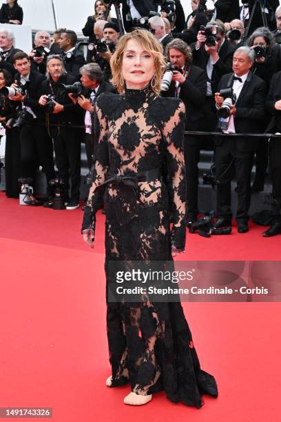 Isabelle Huppert attends the "Killers Of The Flower Moon" red carpet during the 76th annual Cannes film festival at Palais des Festivals on May 20,...