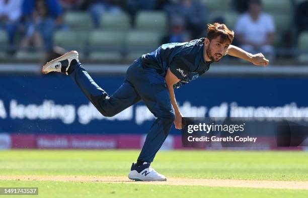 Zaman Khan of Derbyshire bowls during the Vitality Blast T20 match between Derbyshire Falcons and Lancashire Lightning at Edgbaston on May 20, 2023...