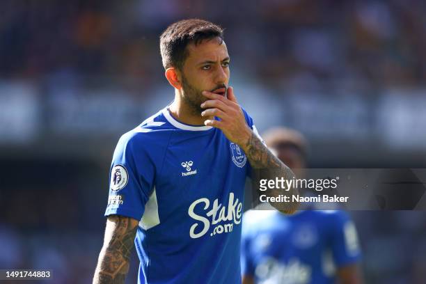 Dwight McNeil of Everton reacts during the Premier League match between Wolverhampton Wanderers and Everton FC at Molineux on May 20, 2023 in...