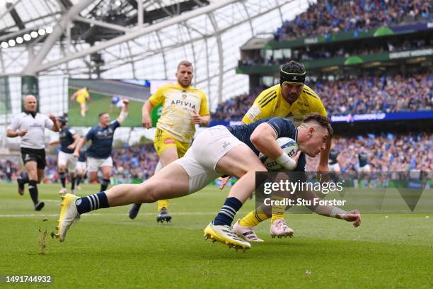 Dan Sheehan of Leinster scores the team's first try during the Heineken Champions Cup Final match between Leinster Rugby and Stade Rochelais at Aviva...