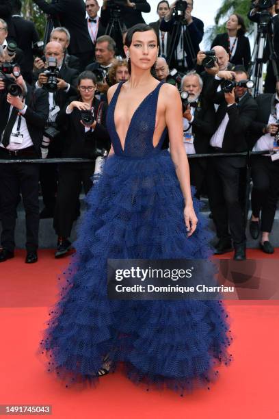 Irina Shayk attends the "Killers Of The Flower Moon" red carpet at the 76th annual Cannes film festival at Palais des Festivals on May 20, 2023 in...