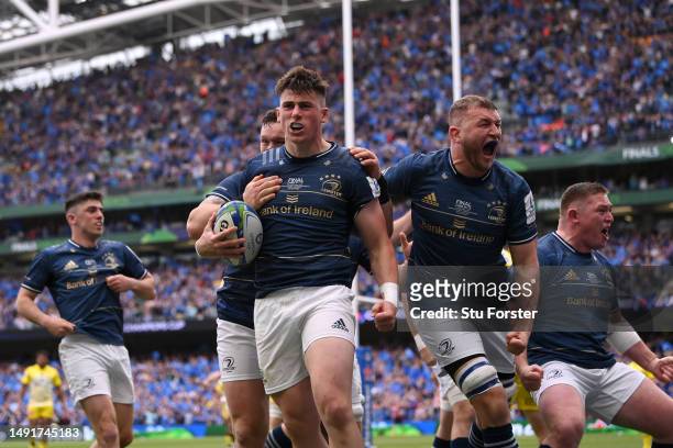 Dan Sheehan of Leinster celebrates with teammates after scoring the team's first try during the Heineken Champions Cup Final match between Leinster...