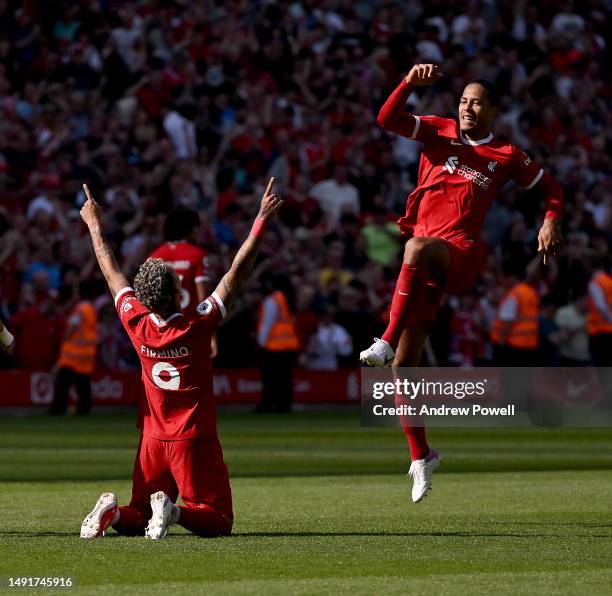 Roberto Firmino of Liverpool celebrates after scoring the equalising goal during the Premier League match between Liverpool FC and Aston Villa at...