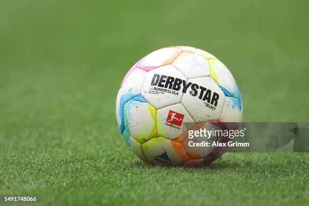 Detailed view of the Select Derbystar match ball is seen prior to the Bundesliga match between FC Bayern München and RB Leipzig at Allianz Arena on...