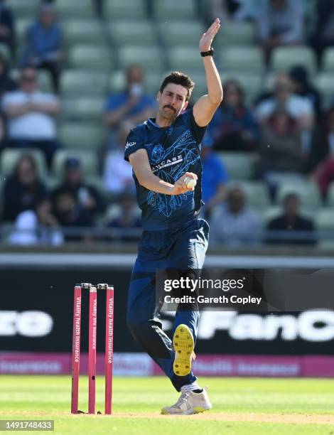 George Scrimshaw of Derbyshire bowls during the Vitality Blast T20 match between Derbyshire Falcons and Lancashire Lightning at Edgbaston on May 20,...