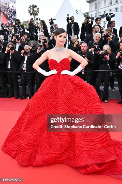 Sofia Carson attends the "Killers Of The Flower Moon" red carpet during the 76th annual Cannes film festival at Palais des Festivals on May 20, 2023...