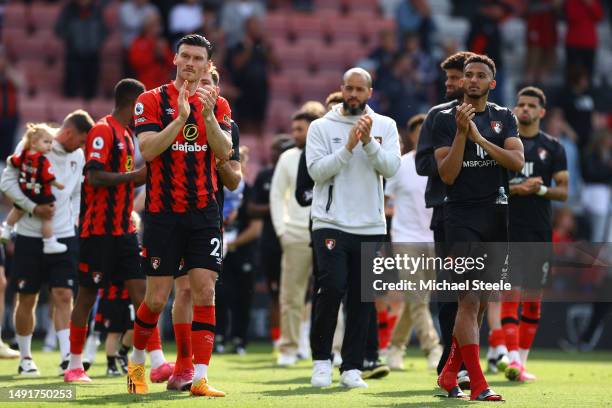 Kieffer Moore and Lloyd Kelly of AFC Bournemouth applaud the fans during the lap of honour after the Premier League match between AFC Bournemouth and...