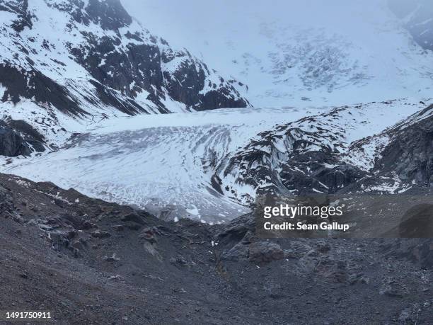 In this aerial view the receding Morteratsch glacier lies on May 20, 2023 near Pontresina, Switzerland. On June 18 Swiss voters will go to the polls...