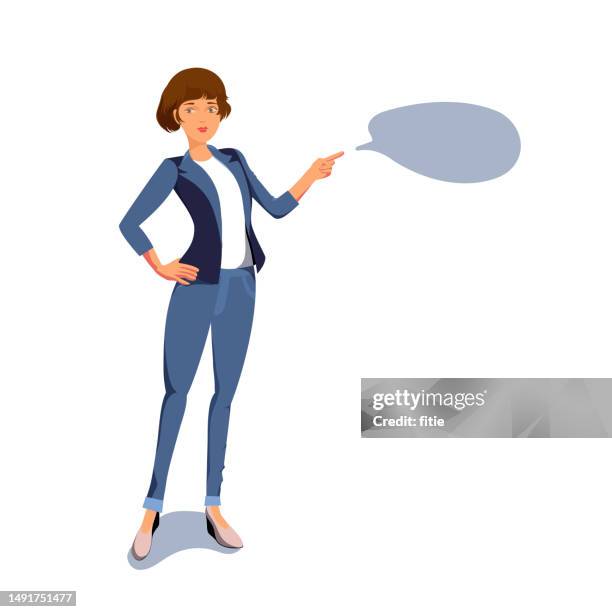 stockillustraties, clipart, cartoons en iconen met teenager girl wearing white crop top blue trousers point finger empty space - show girls