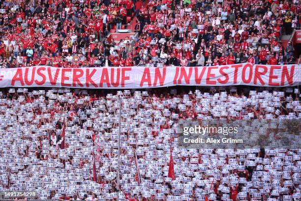 General view of FC Bayern Munich fans protesting against the DFL investor programme prior to the Bundesliga match between FC Bayern München and RB...