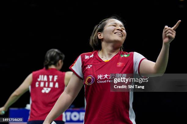 Chen Qingchen and Jia Yifan of China react in the Women's Doubles Semi Finals match against Yuki Fukushima and Sayaka Hirota of Japan during day...