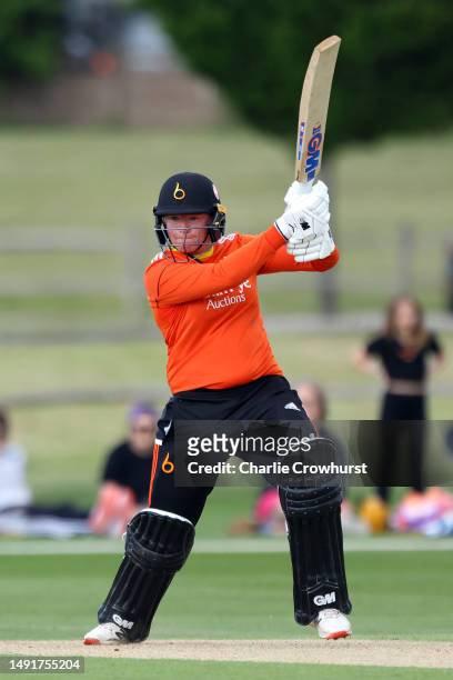 Georgie Boyce of Blaze hits out during the Charlotte Edwards Cup match between South East Stars and The Blaze at The County Ground on May 20, 2023 in...