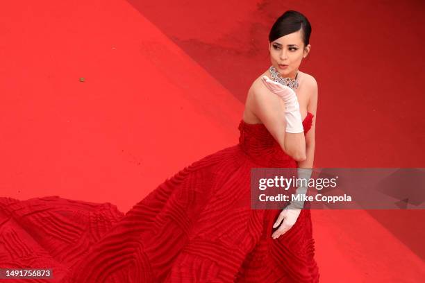 Sofia Carson attends the "Killers Of The Flower Moon" red carpet during the 76th annual Cannes film festival at Palais des Festivals on May 20, 2023...