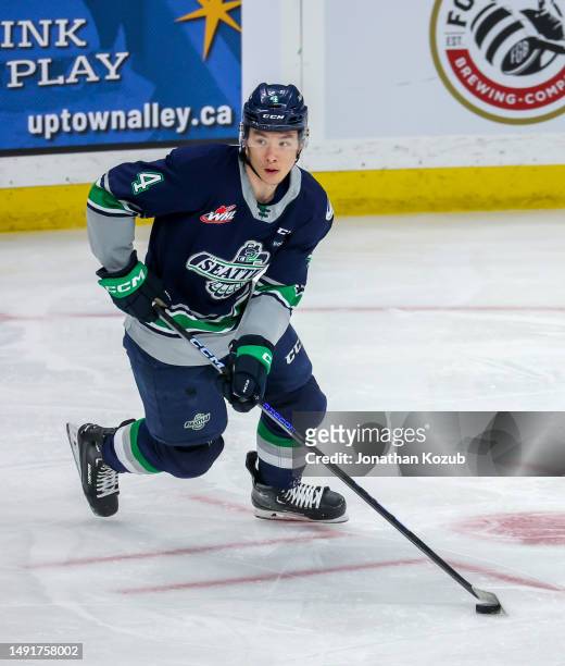Jeremy Hanzel of the Seattle Thunderbirds plays the puck during the second period against the Winnipeg Ice in Game Two of the 2023 WHL Championship...