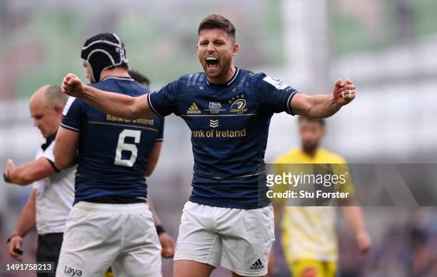Ross Byrne of Leinster reacts towards the crowd during the Heineken Champions Cup Final match between Leinster Rugby and Stade Rochelais at Aviva...