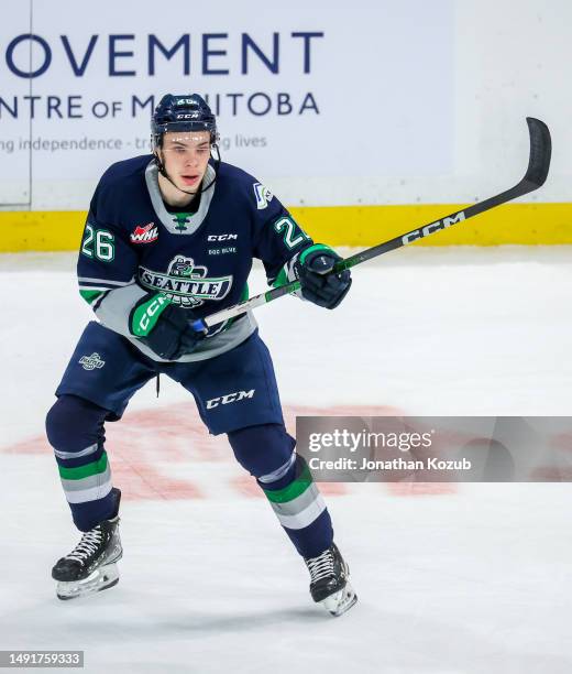 Nico Myatovic of the Seattle Thunderbirds skates during the second period against the Winnipeg Ice in Game Two of the 2023 WHL Championship Series at...