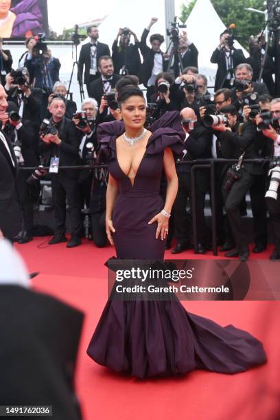 Salma Hayek attends the "Killers Of The Flower Moon" red carpet during the 76th annual Cannes film festival at Palais des Festivals on May 20, 2023...