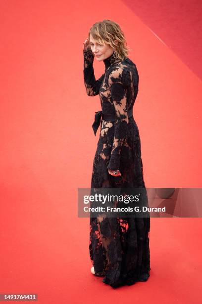 Isabelle Huppert attends the "Killers Of The Flower Moon" red carpet during the 76th annual Cannes film festival at Palais des Festivals on May 20,...